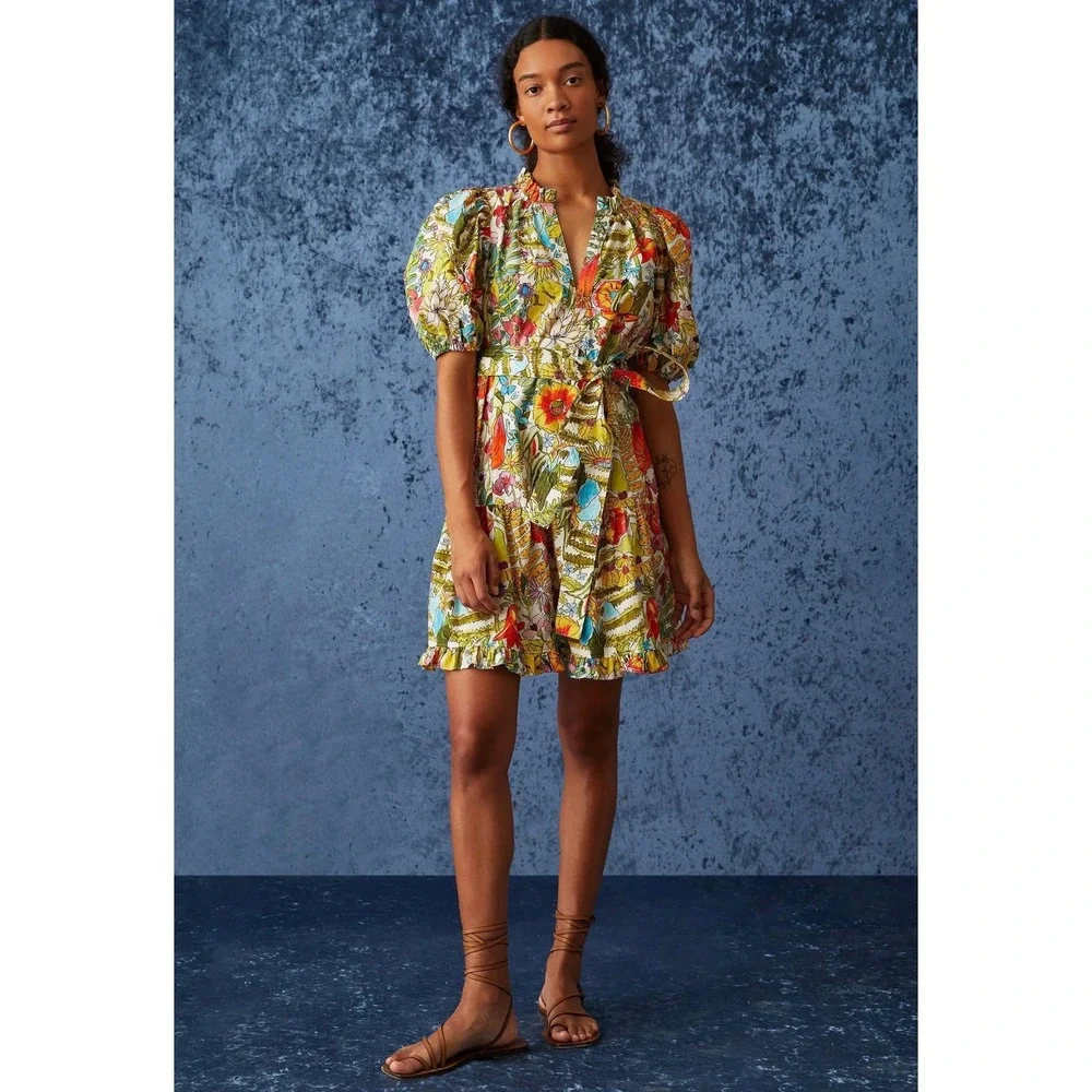 Marie Oliver Clara Floral Palm‎ Mini Dress Sz XS Multi Puff Sleeve Tiered Resort - Picture 6 of 12
